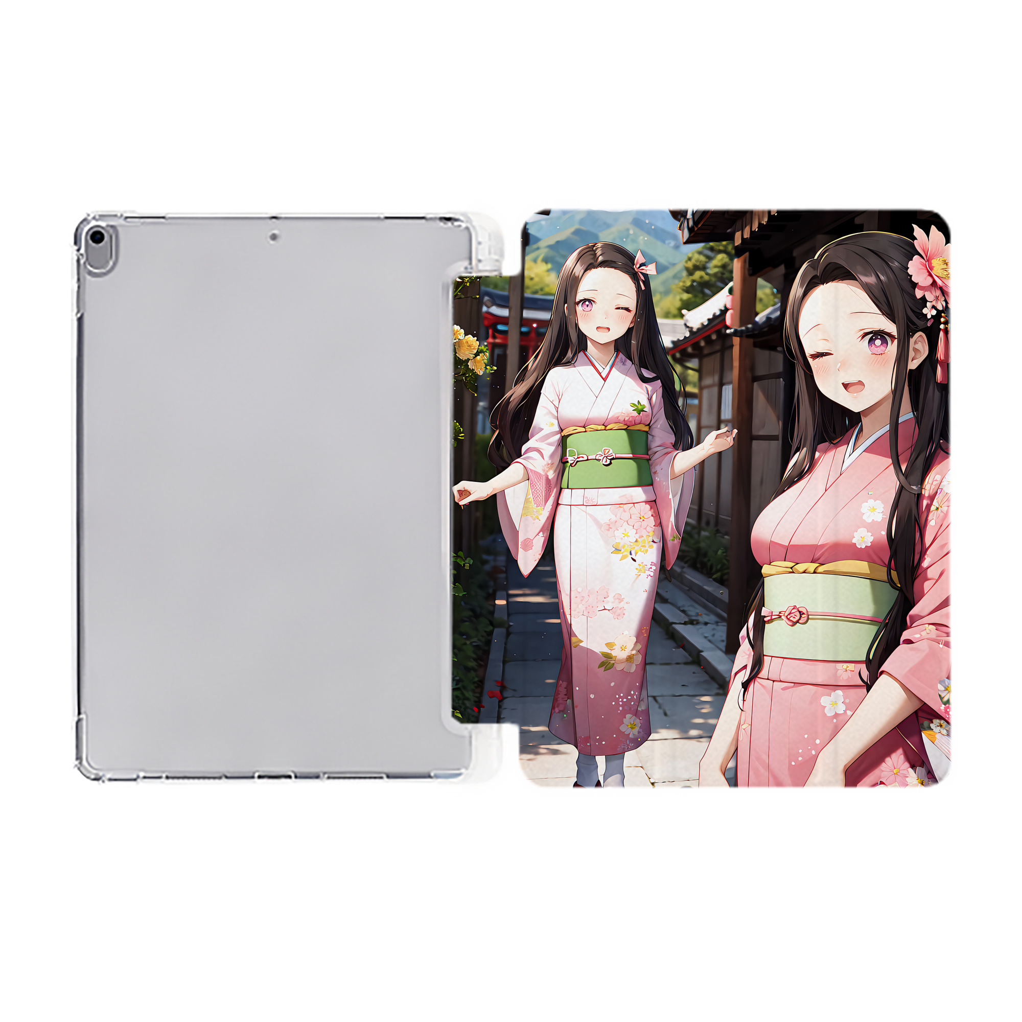 （画像用） 鬼滅の刃（きめつのやいば）竈門 禰󠄀豆子／かまど ねずこ Kamado Nezuko IPad ケース ペン収納付き 三つ折りスタンド PUレザー×シリコン 対応機種9.5/10.5/10.9インチ